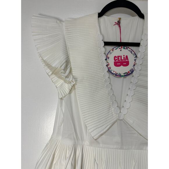 Celia B Bjorn Dress White Crisp Cotton Size Large NWT Pleated Ruffled Trim - Picture 5 of 16